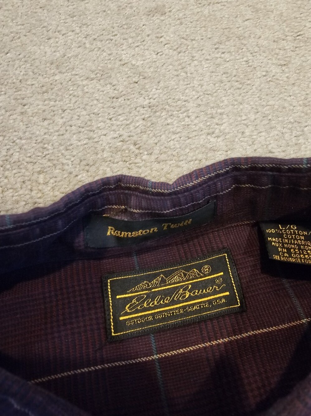 Eddie Bauer Purple Plaid Button-Up with Gold Logo Patch